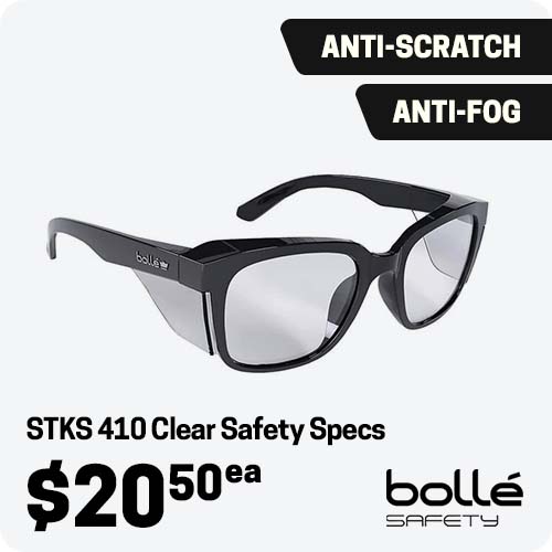 Bolle STKS 410 Safety Glasses - Microfiber Pouch Included - Black Gloss Frame - Anti-Scratch/Anti-Fog - Platinum Coating - Clear Lens